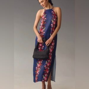 By Anthropologie Double Strap Halter Column Midi Blue Floral Dress Small $148